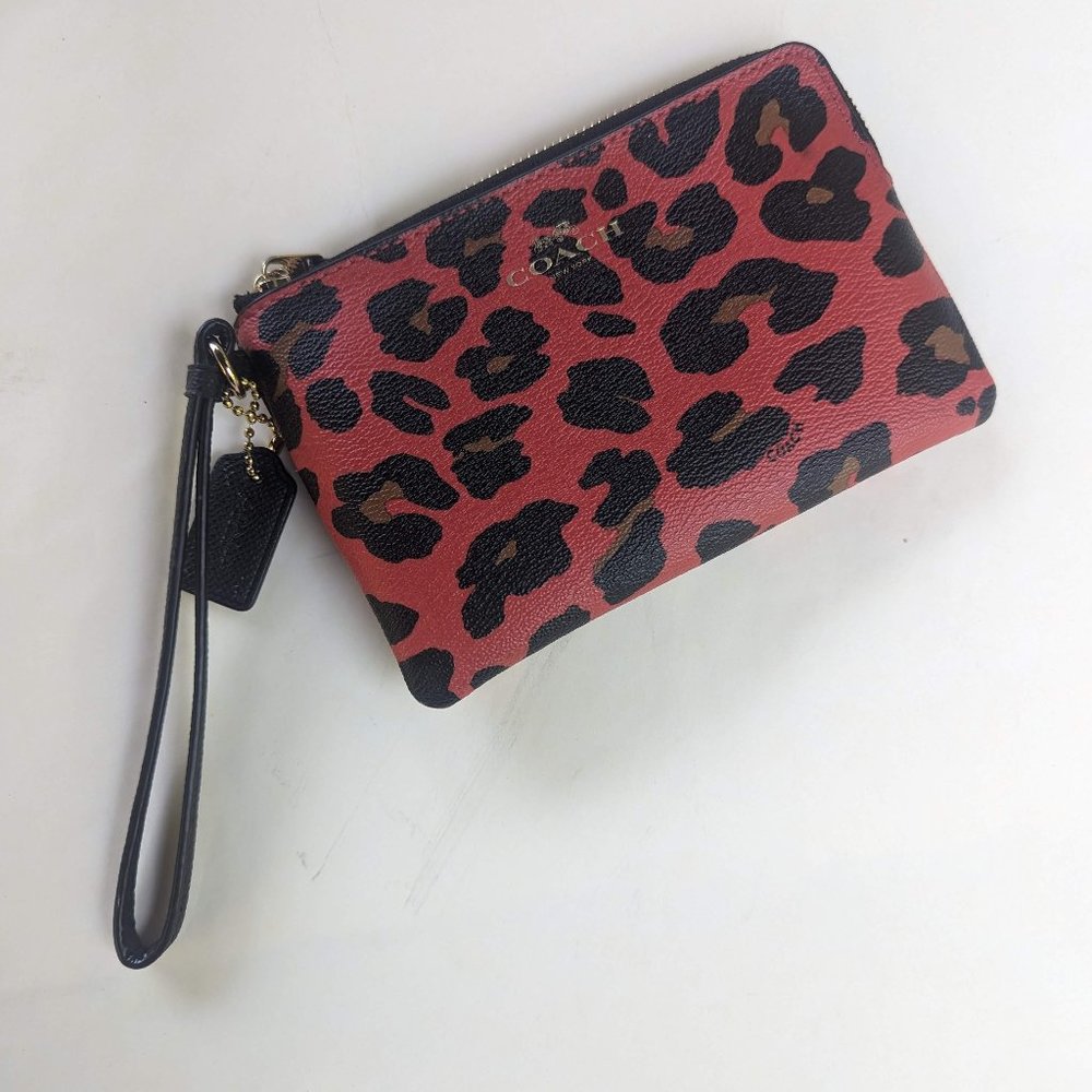NWOT Coach Red Leather Animal Print Corner Zip Wristlet